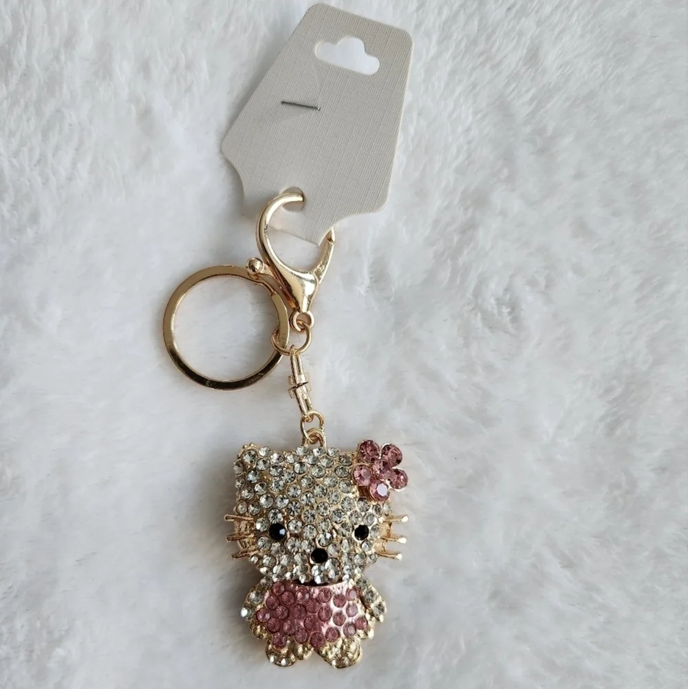 Cute Rhinestone Pink Hello Kitty Movable Keychain Bag Charm